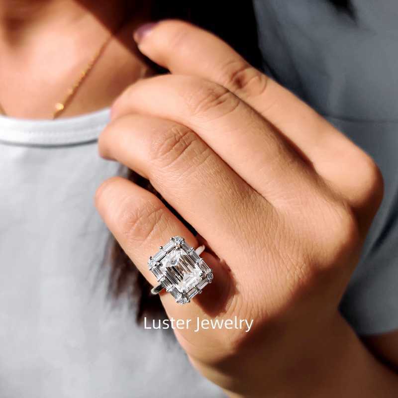 Luster Jewellery 10/14k D Color Emerald Cut Diamond Moissanite 18k Gold Real Gold Rings