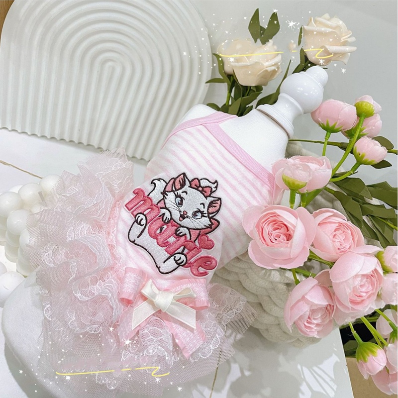 Summer Cute Cat Dog Dresses with Large Bow Decoration Floral Lace Trimem Broidery Cotton Puppy Clothes Perfect for Yorkshire Terrier, Teddy and Small 
