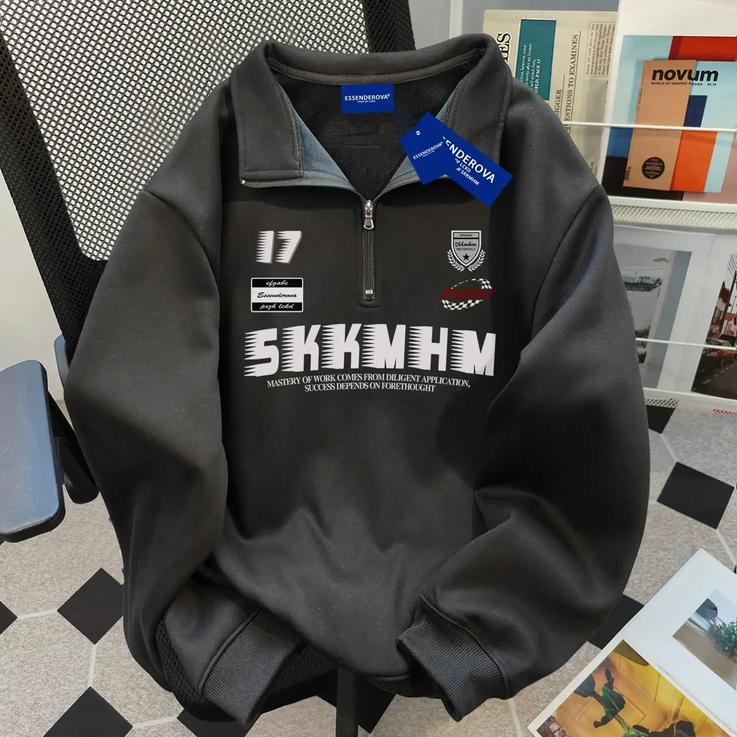 American hip-hop men and women trendy personalized letter printed zipper polo shirt autumn and winter couple loose casual top 250220