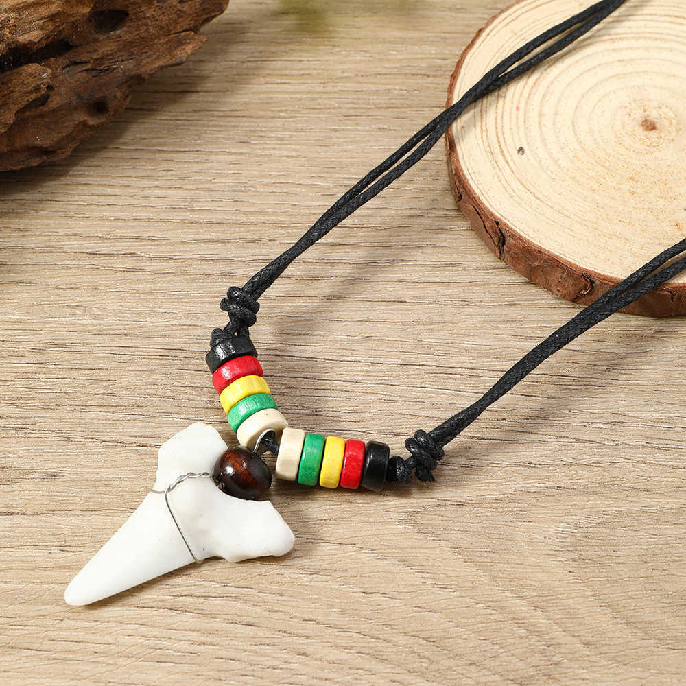 Pendant Necklaces Bohemian summer holiday surfing accessories fashionable and personalized wooden beads shark teeth necklace accessories H25219