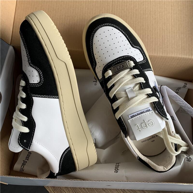 EPT Korean Blogger's Same Cowhide Designer Board Shoes, Fashionable Sports And Leisure Board Shoes, Round Toe Lace Up Women's Niche White Sh