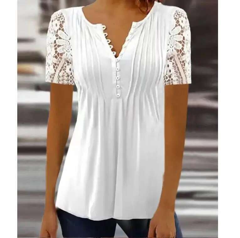 Summer Spring New Women's Loose And Comfortable Casual Lace V Neck Printed Blouse Ral Short Sleeve Elegant Fashion Shirt