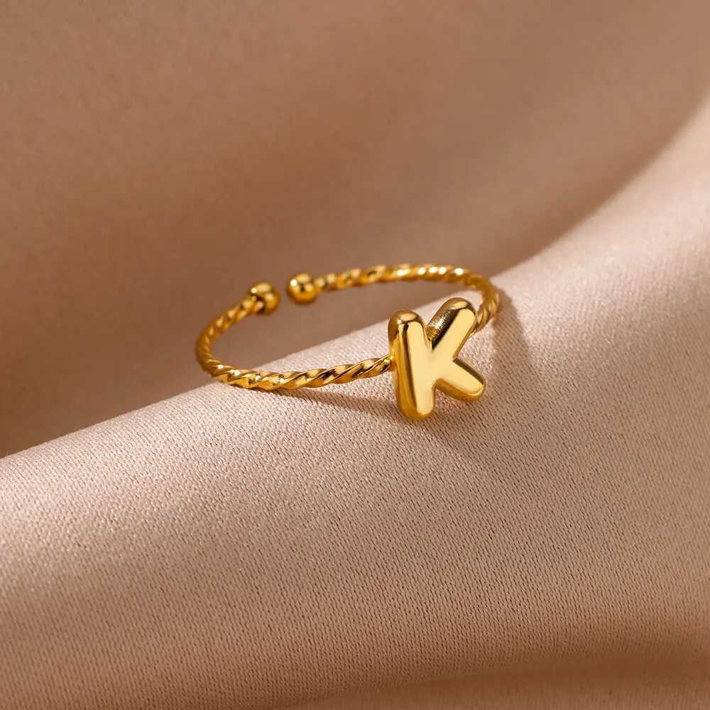 Cute Chunky Stainless Steel Intial Rings For Wen Girls Open Adjustable Gold Color Letter Ring Five Alphabet Jewelry Gift X250220