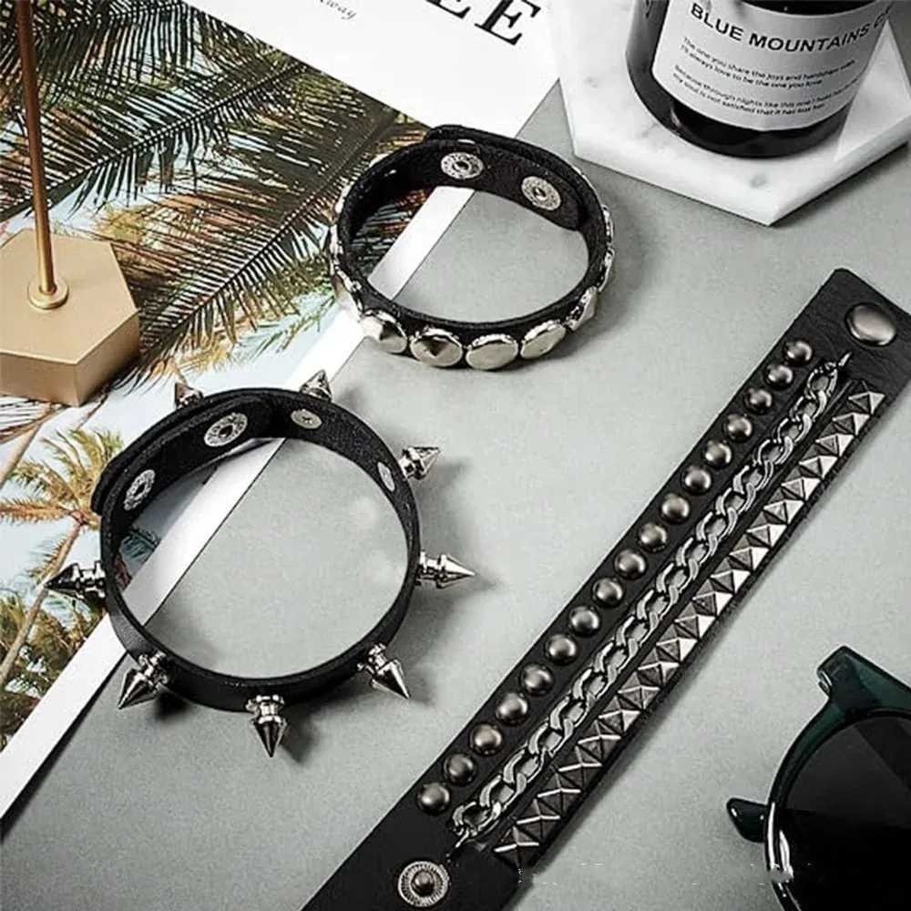 New 3PCS/Set Black Goth Emo Boho Bracelets For Men Women Punk Gothic Spike Rivets PU Leather Bracelet Bangles Party Jewelry GiftXJ250219