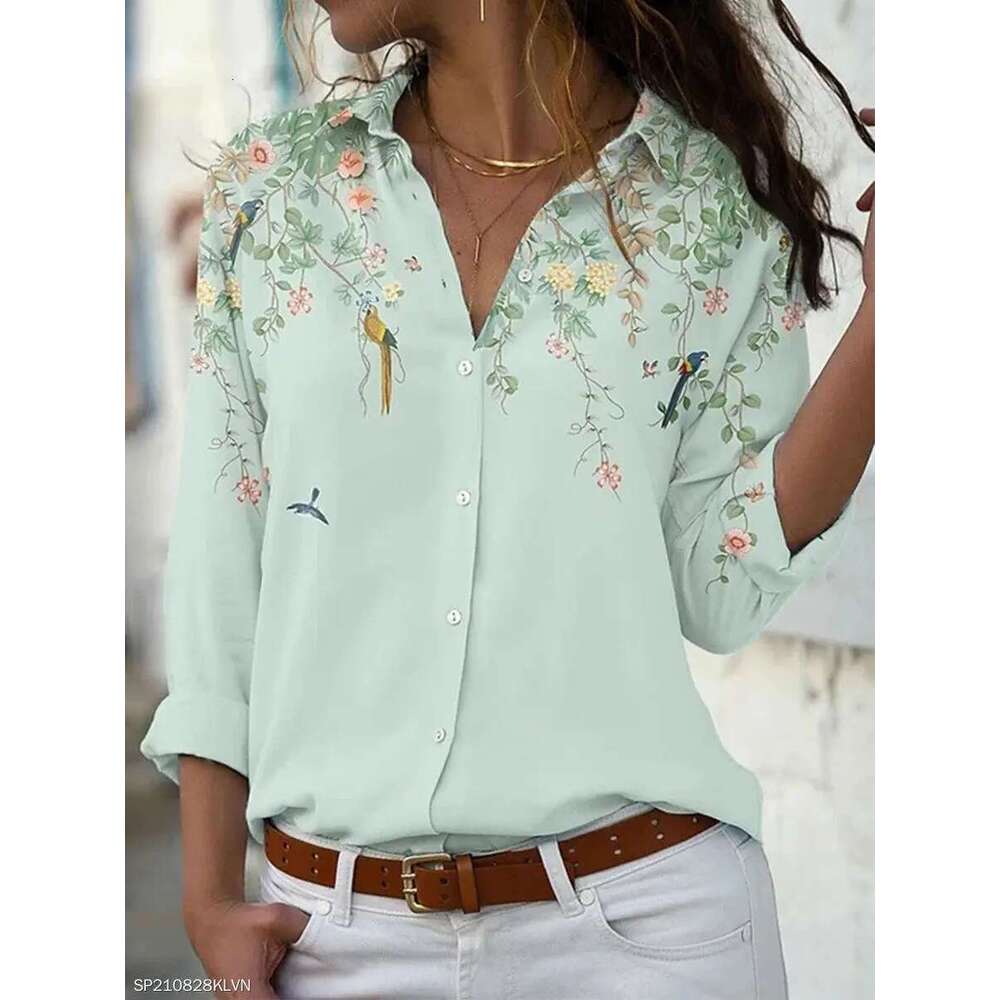 Fashion Casual Printed Elegant Long-Sleeved Woman Shirt All-Match Loose Top