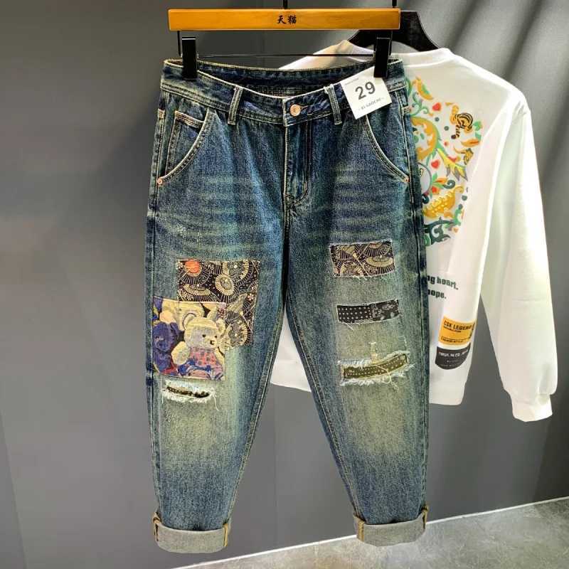 High Street Trendy Brand Retro Distressed Loose Harlan Jeans Mens Spring And Autumn New Personalized Trendy Patch Long Pants Me X250220