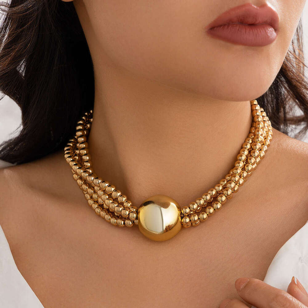 Exaggerated round bead pendant, collarbone necklace, women's hip-hop trendy metal multi-layer pearl necklace