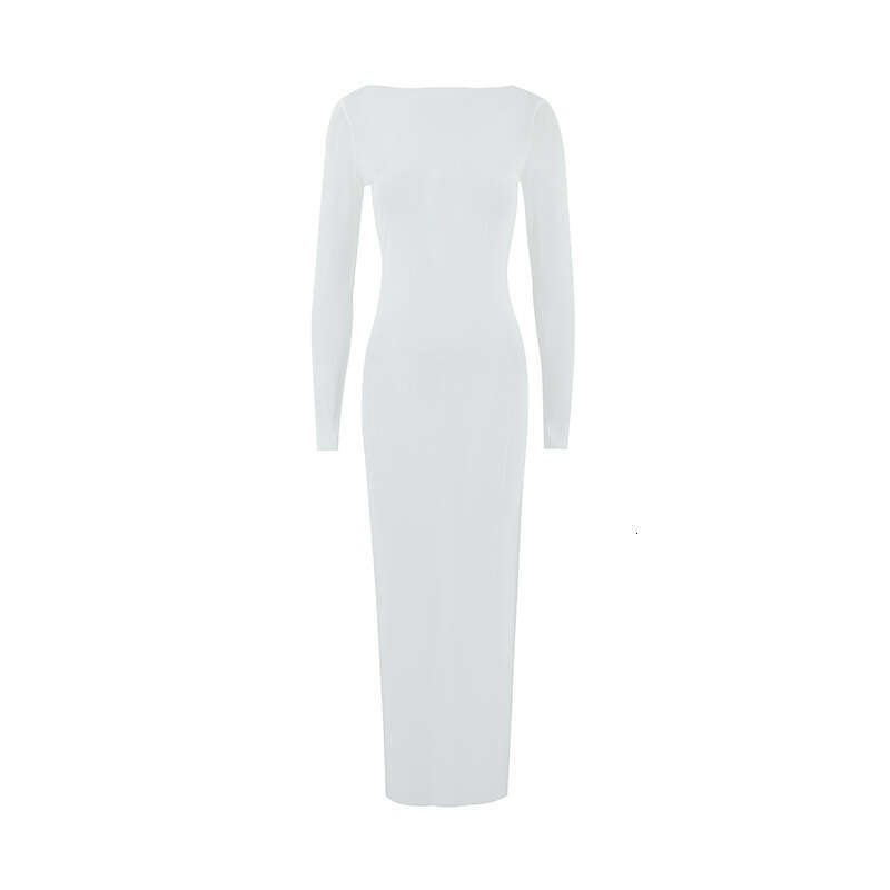 European and American style summer sexy women's spicy girl slim fit mesh see through one shoulder long sleeved dress 2025 new casual versatile fa