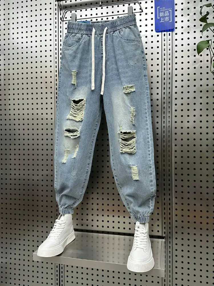 Mens Broken Hole Harlan Jeans Pants Loose Contrast Color Beggar Cargo Denim Pants Baggy Jeans For Men Y2k Streetwear mens pants X250220