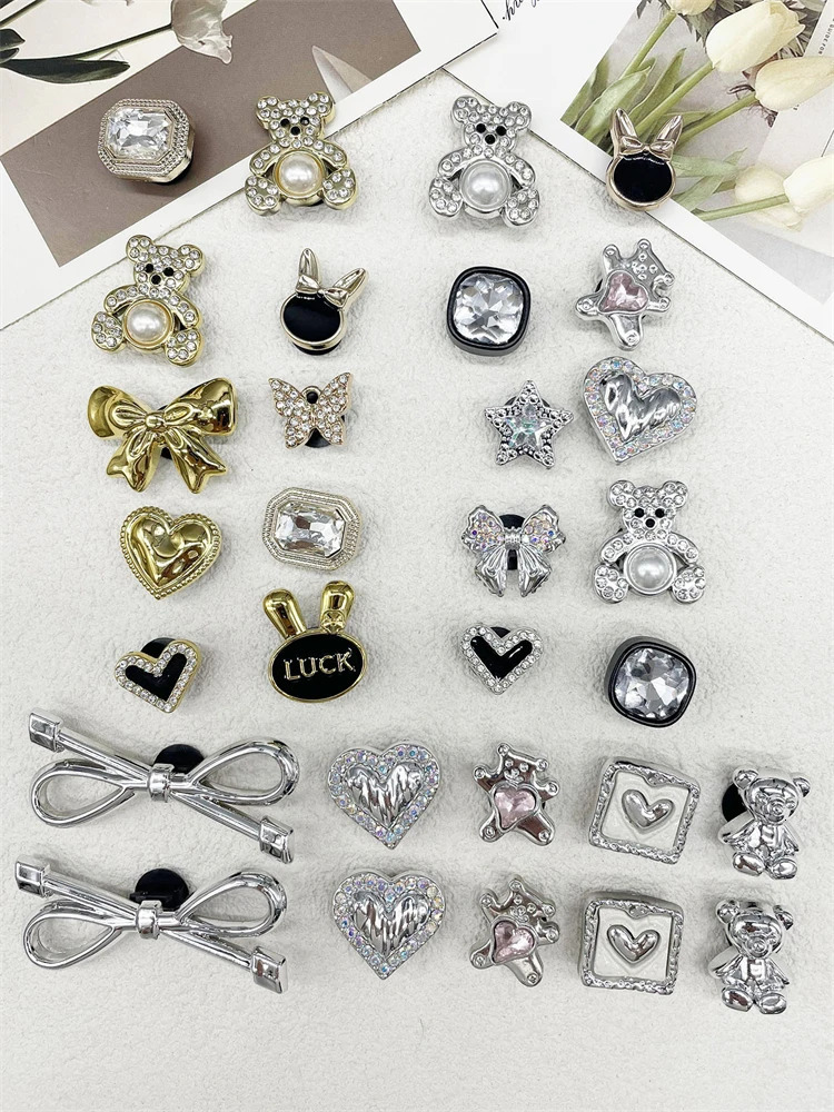 10PCS Shoe Charms ABS Bow Decorations For Sandals Luxury Rhinestone Bear Design Accessories Women Diy Bling Clog Ornaments 250219