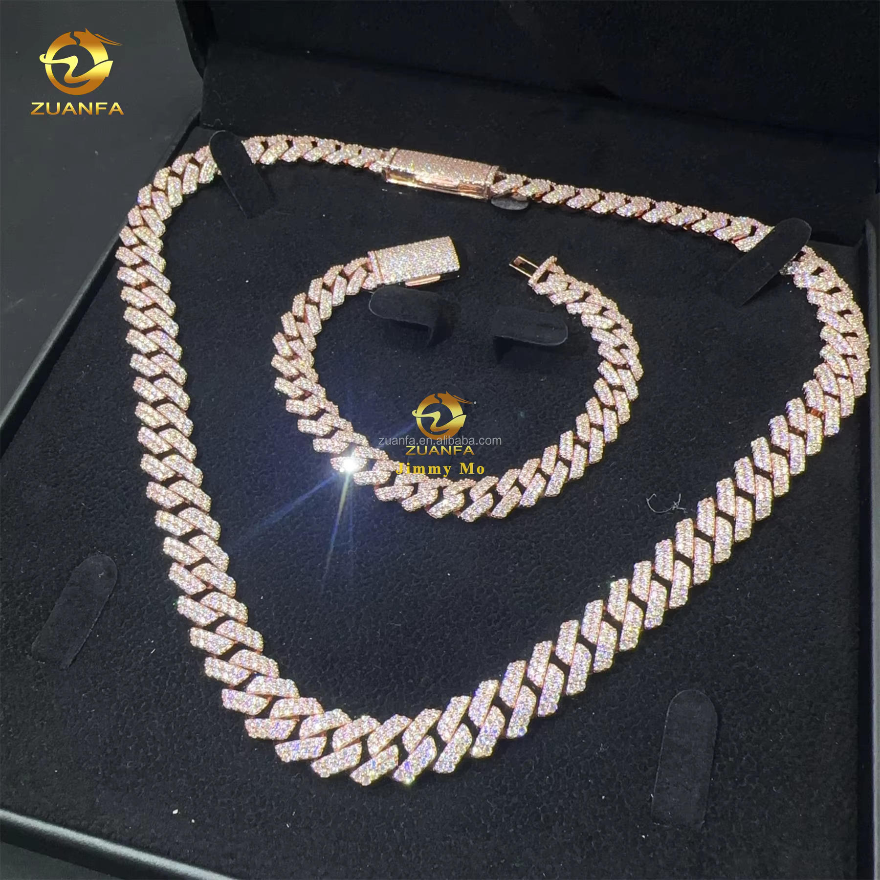 Rose gold plated box, pure sier 12mm, two rows of chilled hip-hop VVS1 diatoeous earth, Miami Cuban chain