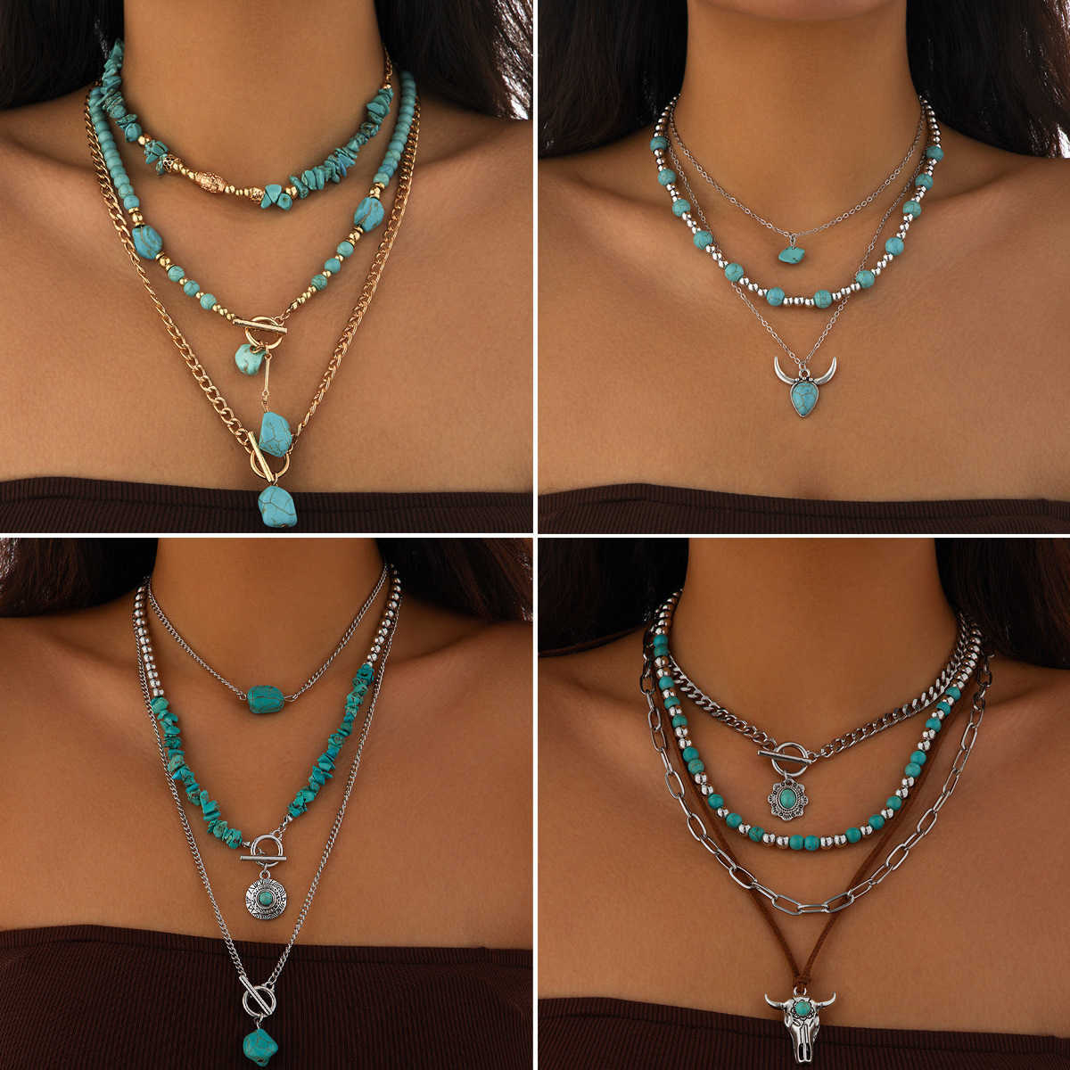 Pendant Necklaces Jewelry bead geometric turquoise collarbone chain casual style multi-layer Bohemian necklace H25219