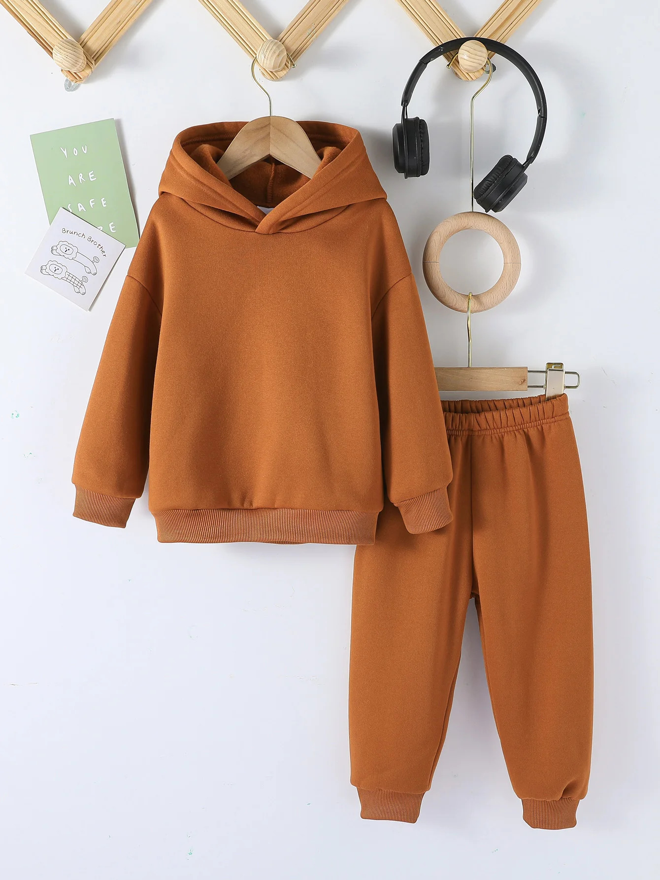 2025 Fall Winter Children Hooded Tracksuits Suits 1-86Y Toddler Boys Girls Clothing Suit Solid Plush Sweater Sports Pants Set 250220