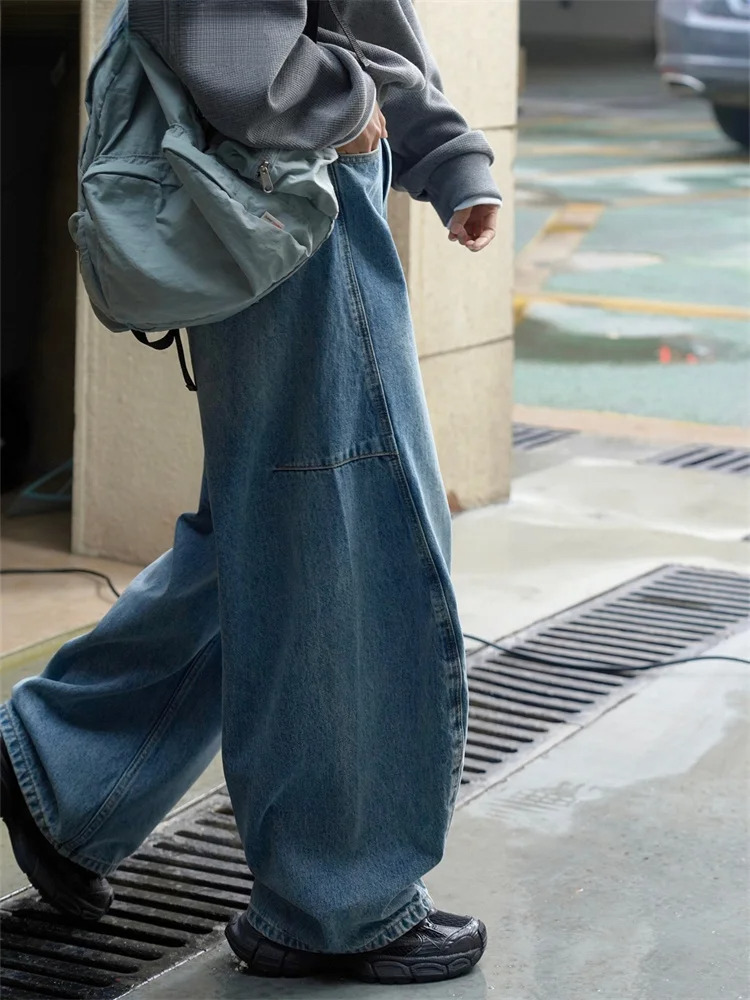 2024 Spring Curved High Waist Wide Leg Jeans Women Loose Casual Denim Pants Blue