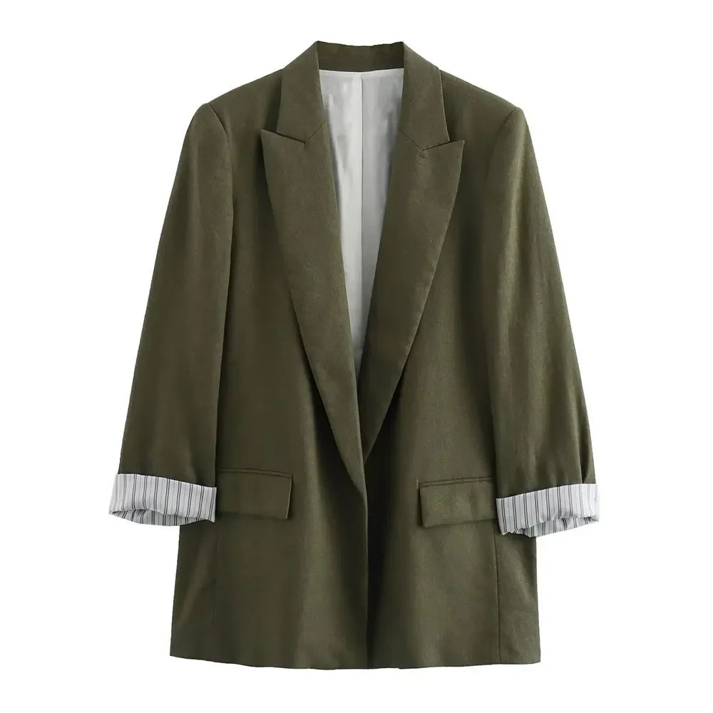 ASDS Women Fashion Solid Linen Blazer Notched Collar Long Roll up Sleeves Female Chic Office Lady Business Outfits 250219