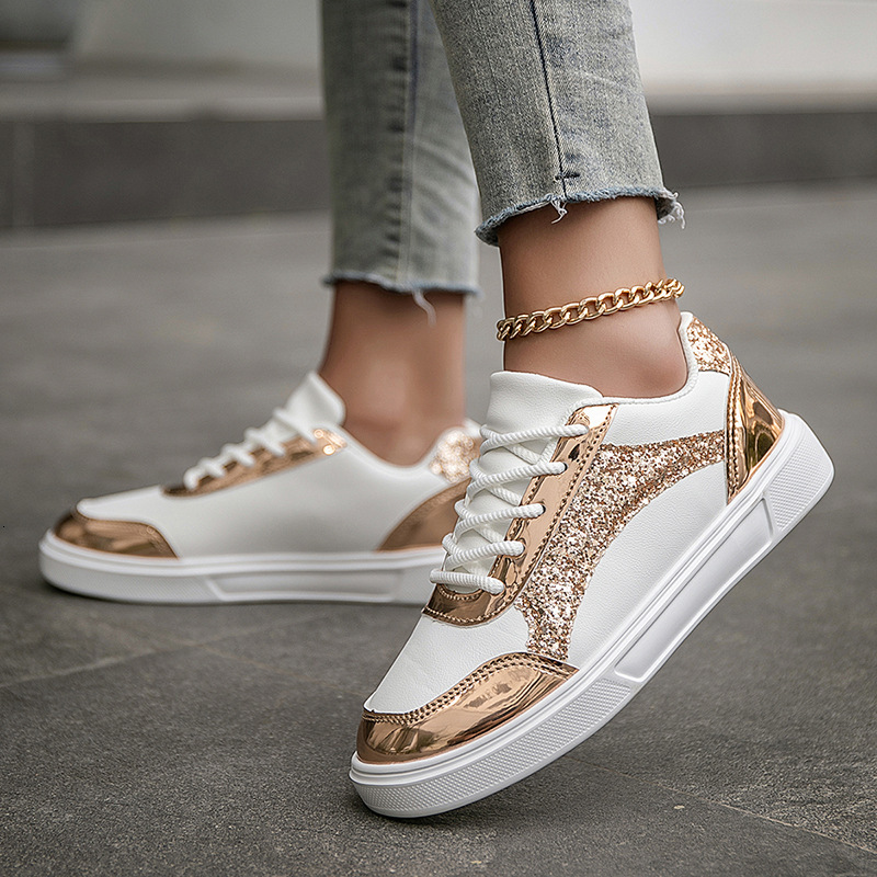New Plus Size Fashion Style Designer Shoes White Autumn Color Blocked Sequins Personalized Student Flat Bottom Casual Sports Shoes White Shoes