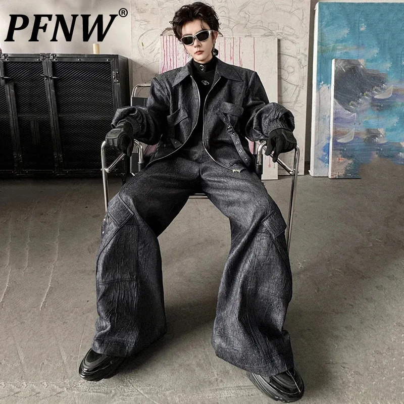 PFNW High Street Mens Suit Multi-pocket Ribbon Jacket Men Loose Wide Leg Pants Male Fashion Two-piece Set Spring 9C4240 250220