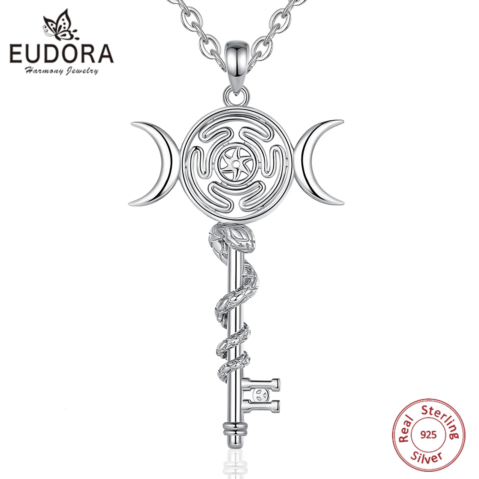 Eudora 925 Sterling Silver Hekate Wheel Necklace for Women Snake Key Triple Moon Goddess Pendant Witch Jewelry Personality Gift 250220