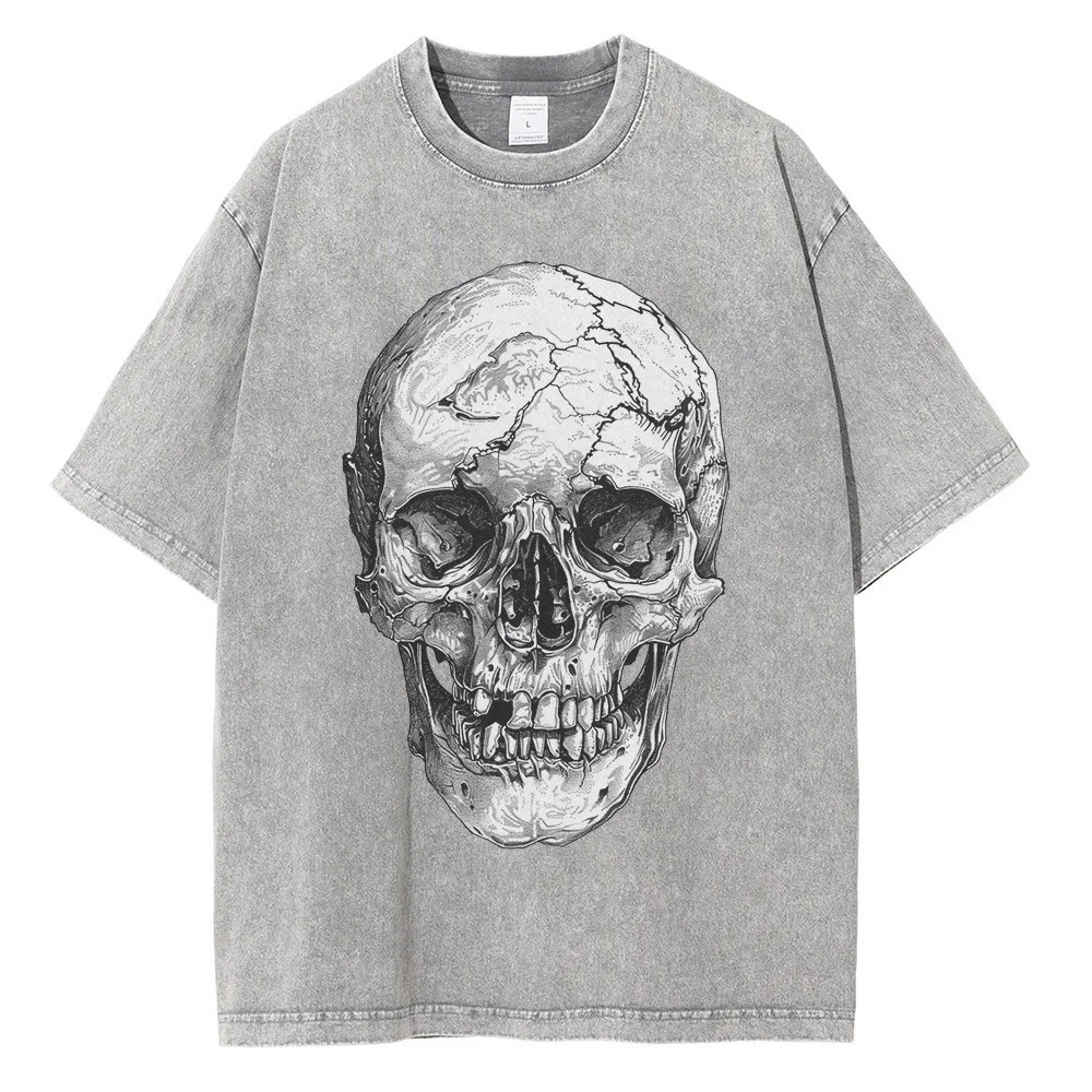 Heavy duty pure cotton washed T-shirt with large head bone printed graphite T-shirt shoulder drop retro oversized T-shirt 250219