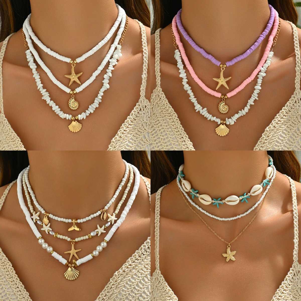 Pendant Necklaces Summer Bohemian style necklace shell jewelry beach vacation shell starfish fish tail pendant collarbone chain H25219