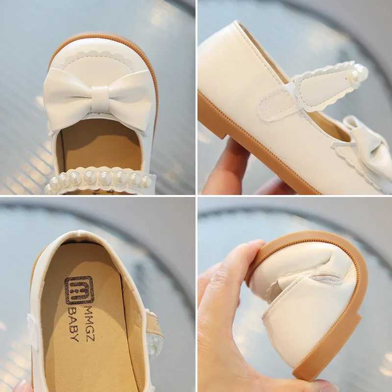 Toddlers Girls Leather Shoes Little Kids Casual Flats Princess Sweet with Pearls Beading Bow-knot 2024 Dress Party Shoes Soft X250220