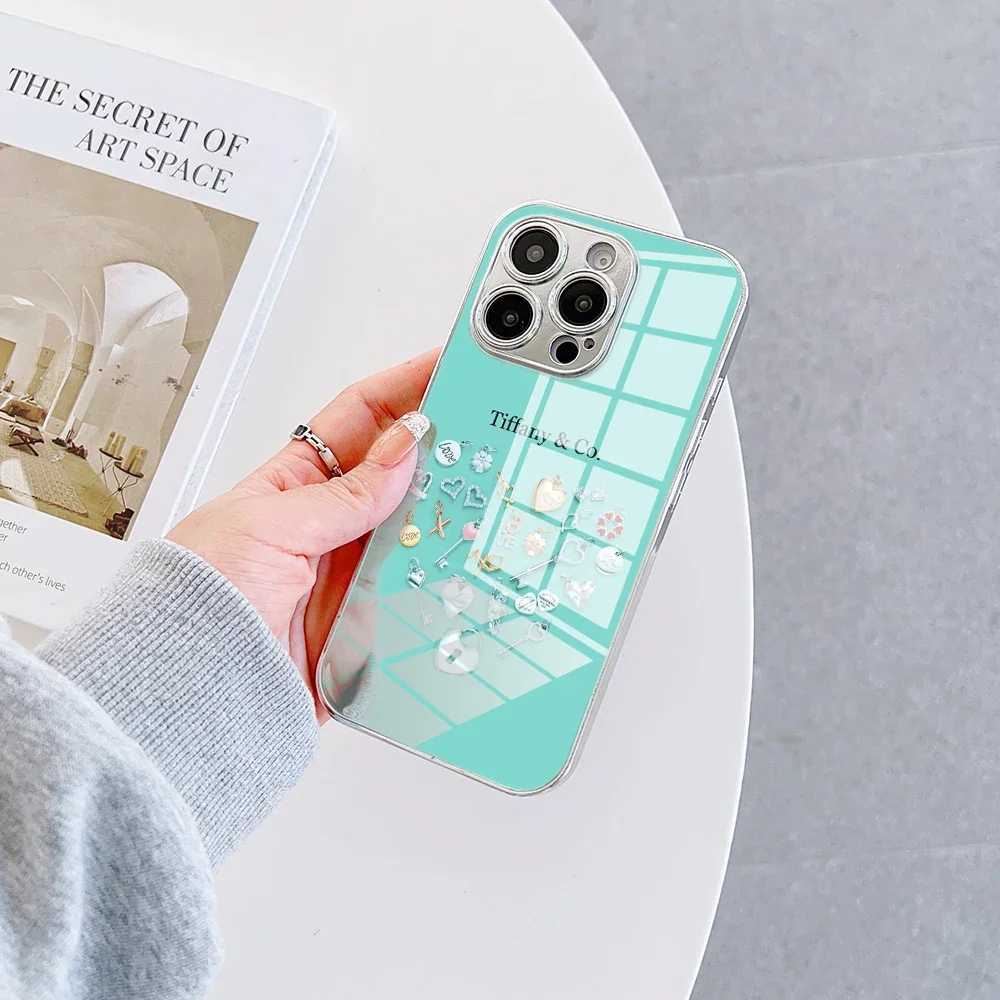 Fashion Blue Phone Case for IPhone 16 15 14 13 12 Mini 11 Pro XS Max XR X 8 7 6 Plus Luxury Tempered Glass T-Tiffany Z250220