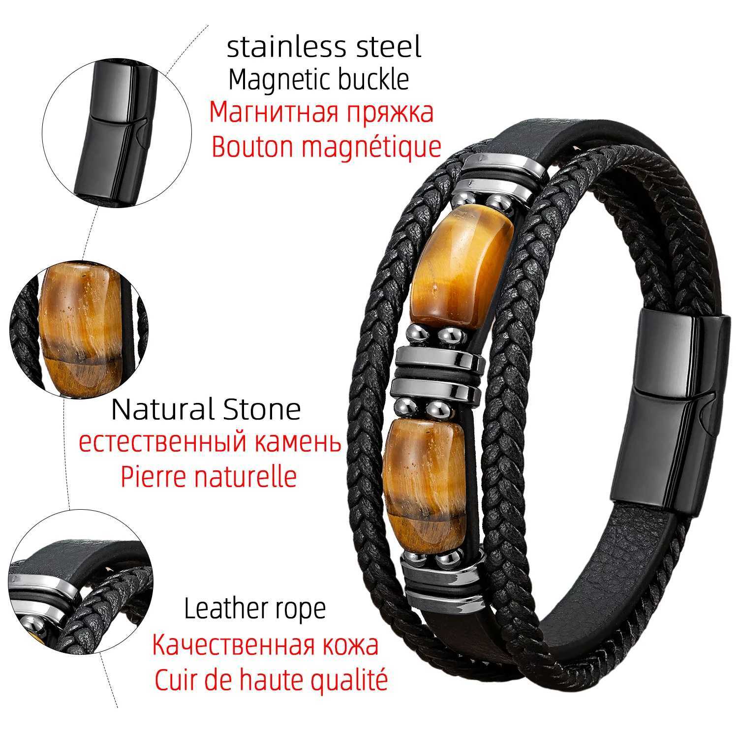 New Natural Tiger Eye Stone Mens Wristband Bracelet Hand-woven Multi-Layer Braided Leather Bangles Stainl Steel JewelryXJ250219