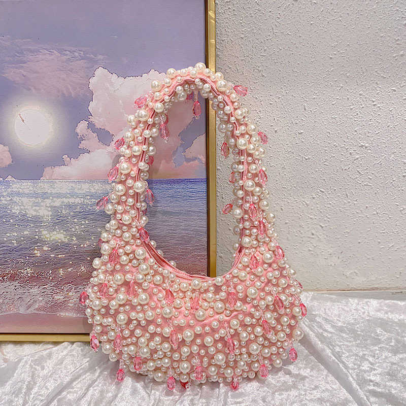 Sweet, fresh, cute, simple, casual, pearl crystal bead fashion, niche design, handbag, shoulder bag, underarm bag 250215