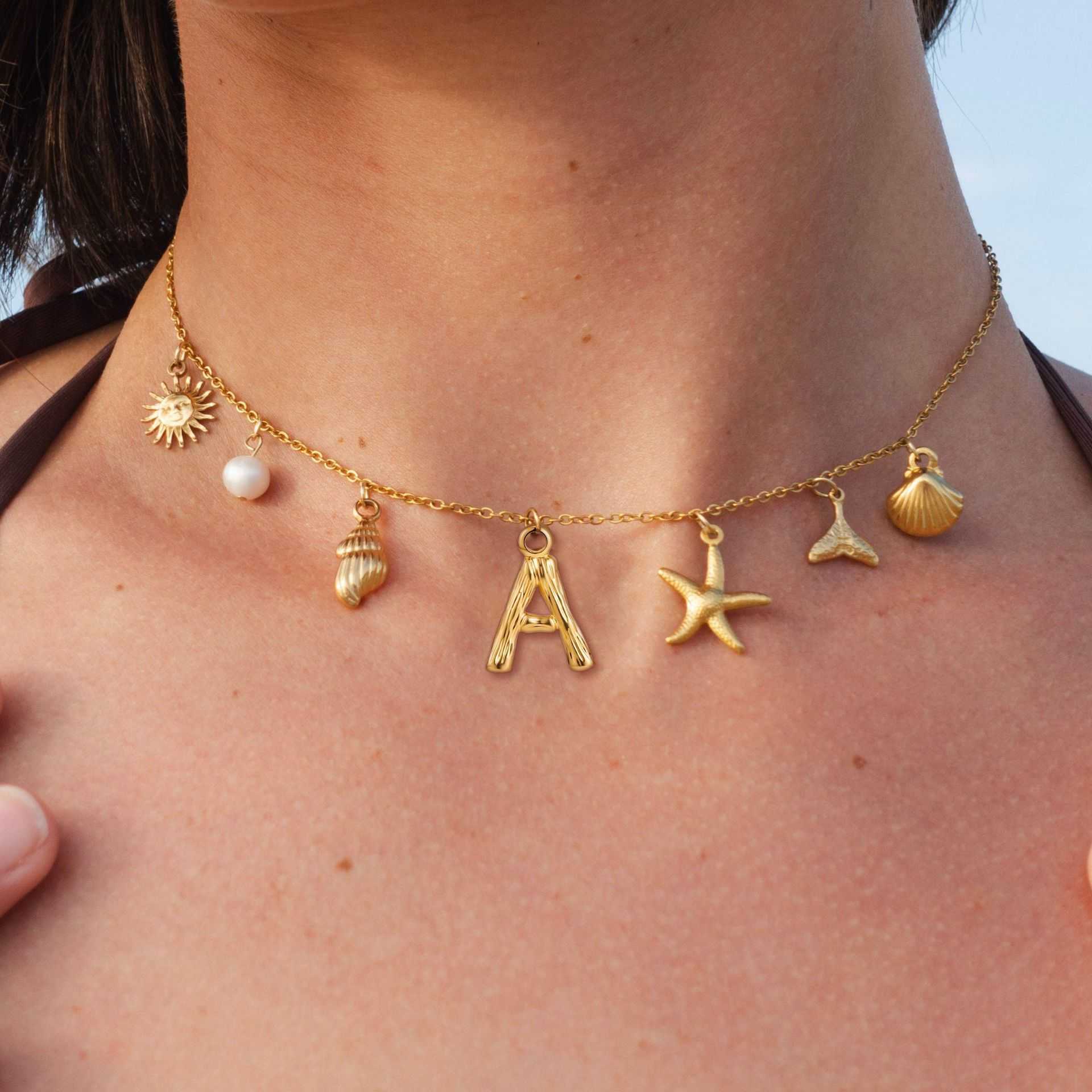 Pendant Necklaces Stainless steel 26 letter natural pearl shell necklace beach ocean style collarbone chain H25219