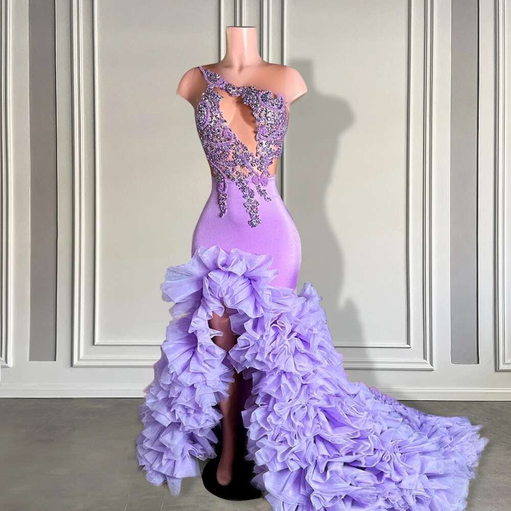 Elegant Purple Appliques Beaded Long 2025 Sexy Slit Black Girl Mermaid Prom Dresses Pleated Custom