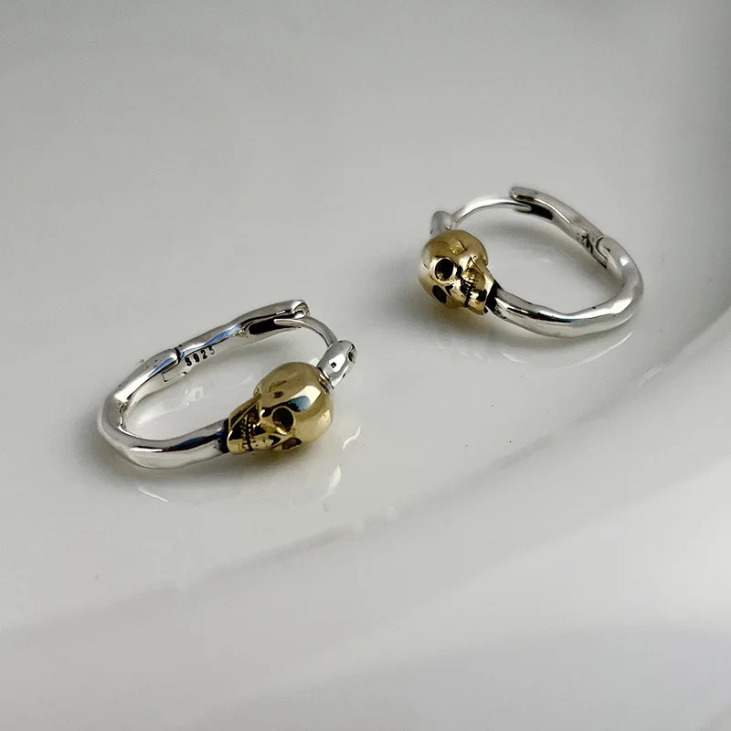 Silvology Real 925 sterling silver gothic punk rock skull ring earrings retro womens two tone earrings fashion jewelry 250219