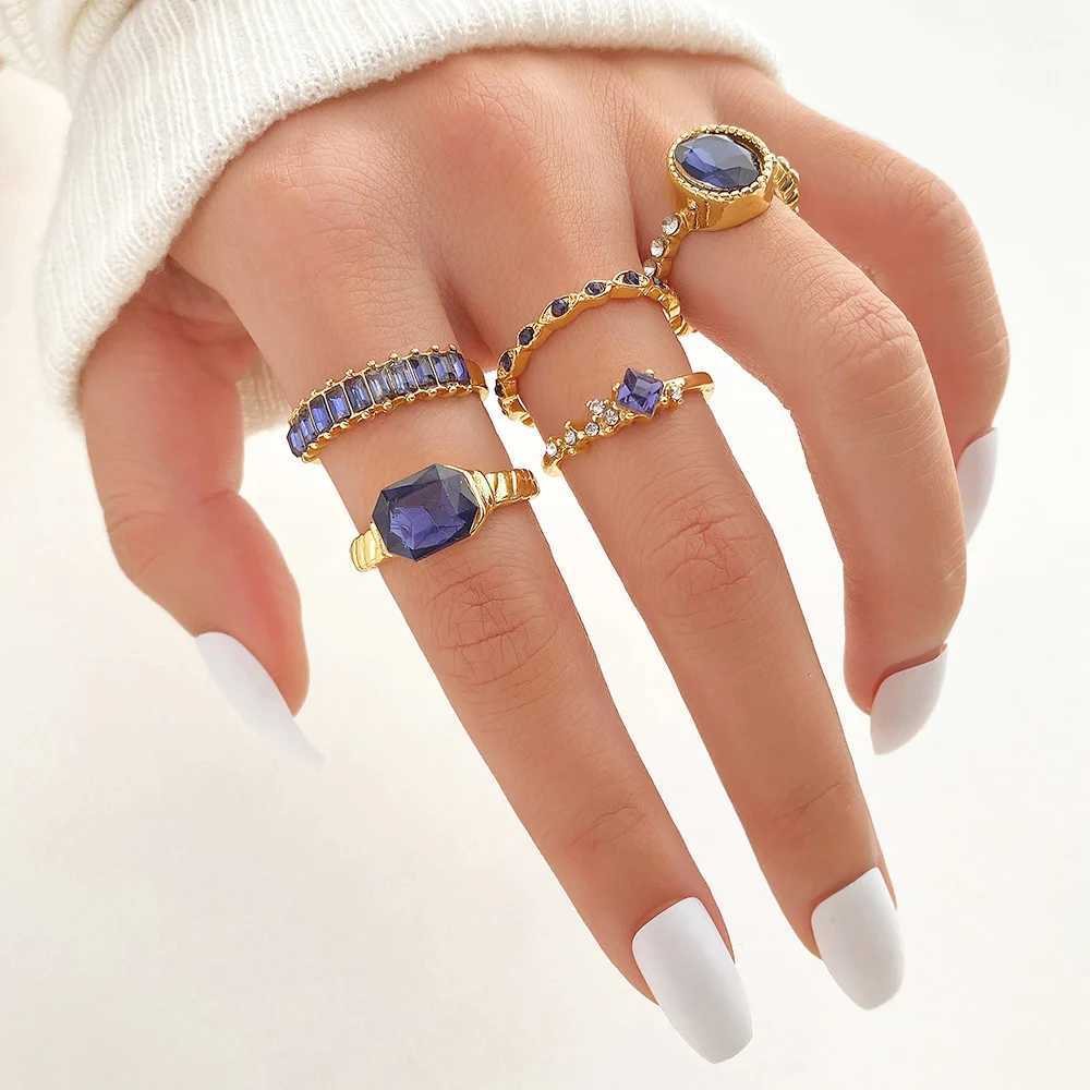 IF Bohen Blue Crystal Rings Set For Wen Gold Plated Vintage Geetric Luxury Anillos Lady Jewelry Gifts X250220