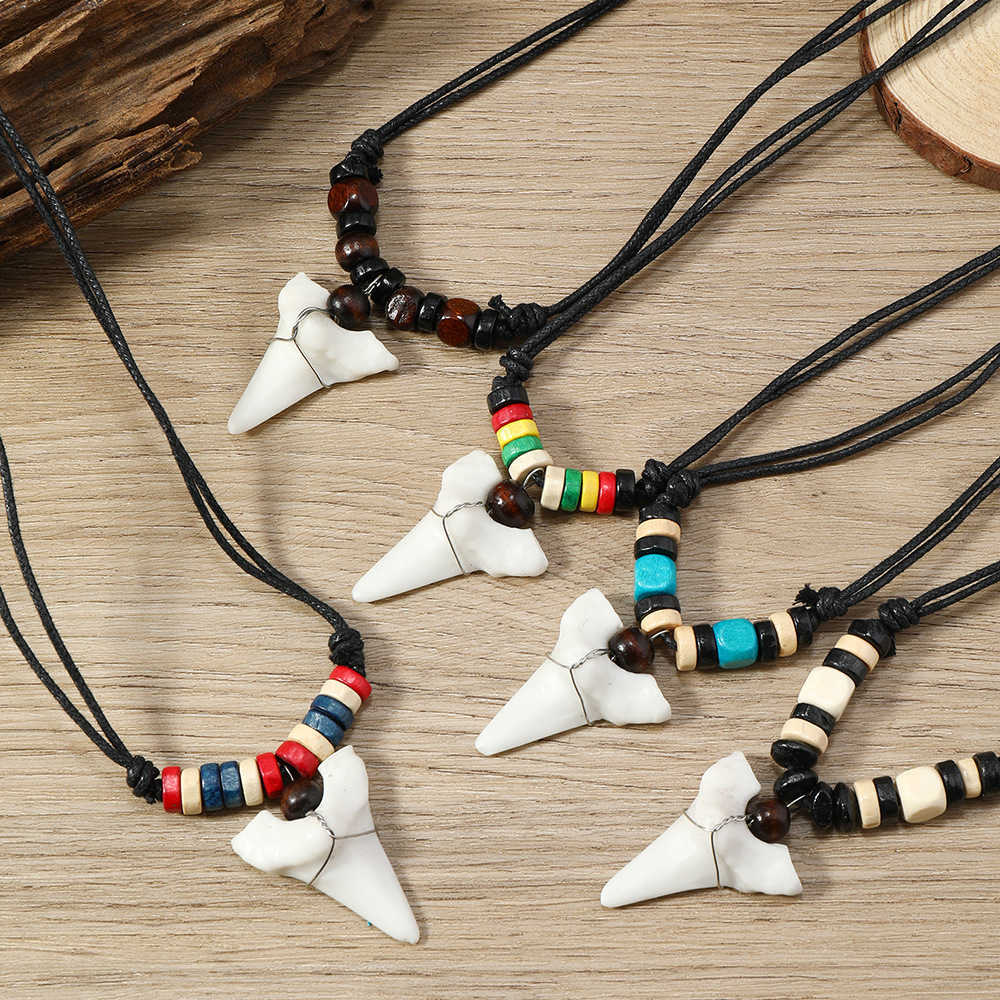 Pendant Necklaces Bohemian summer holiday surfing accessories fashionable and personalized wooden beads shark teeth necklace accessories H25219
