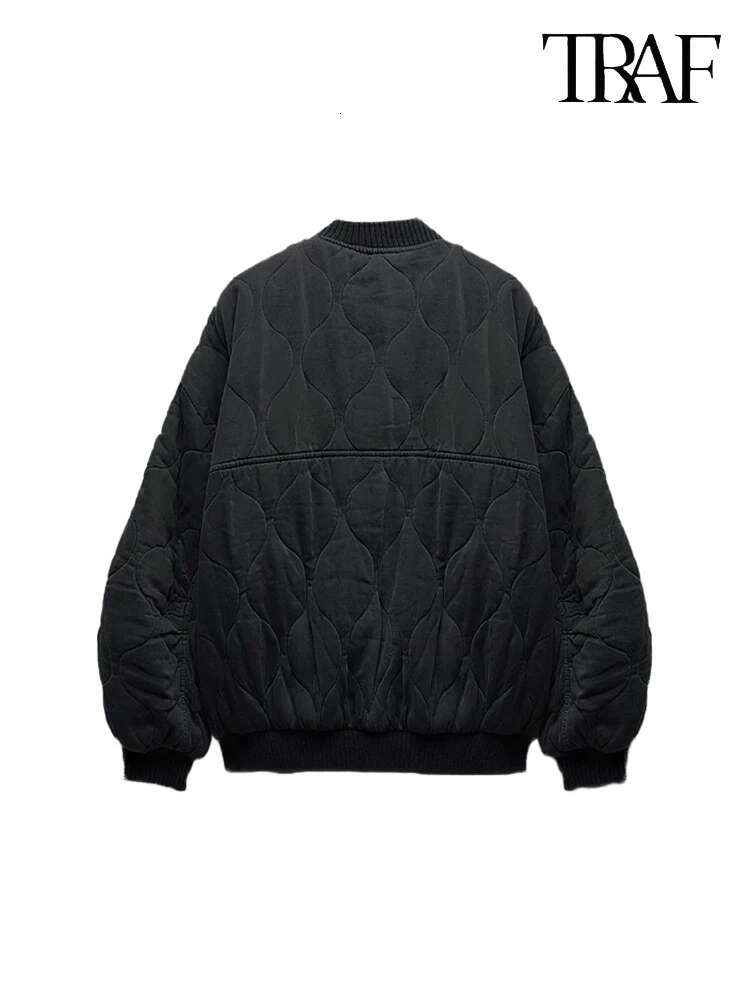 TRAF Women's Fashion Round Collar Single Breasted Long Sleeve Aviator Solid Color Quilted Commuter Warm Casual Jacket