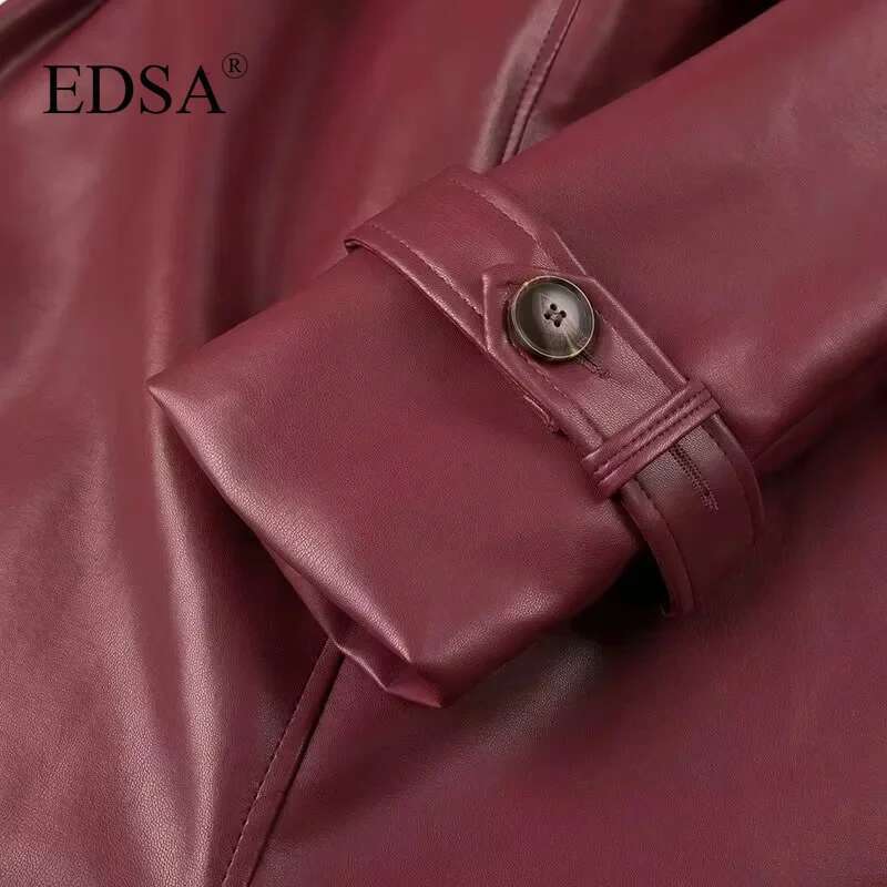 EDSA Women Faux Leather Jacket Coat With Belt For Autumn Winter Loose Long Windbreaker Trench Vintage Outerwear