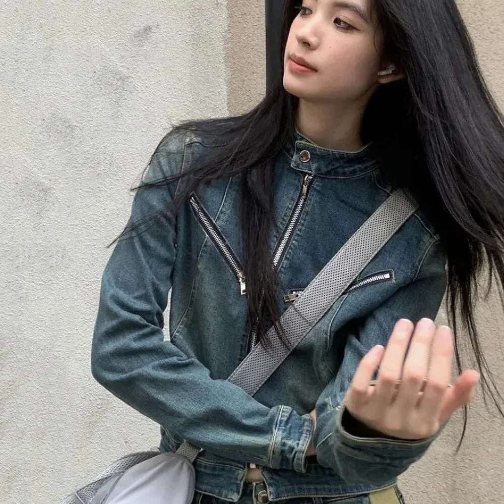 2024 Autumn Streetwear Denim Jackets Women Y2k Sexy Retro Washed Slim Chic Zip-up Coat Tender Personality Hotsweet Jeans Tops