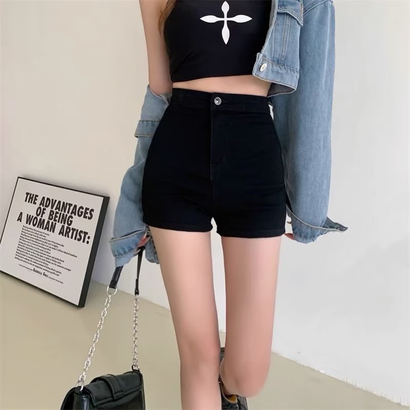 New Hong Kong style design sense black jeans women's summer high waist and thin hot pants tight Spice girl super shorts ins pants