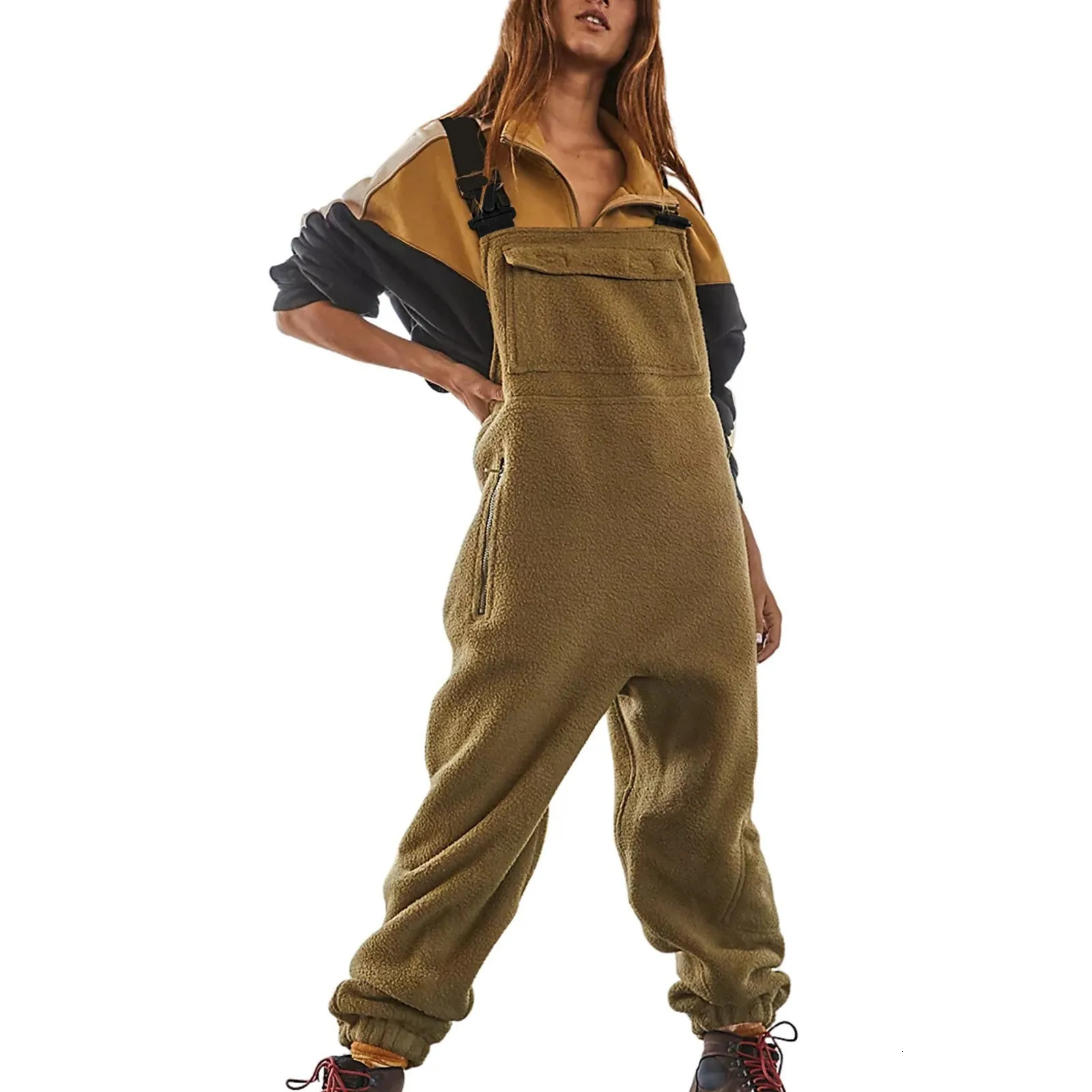 Womens Oversized Jumpsuit Womens Solid Color Fashionable Jumpsuit With Pockets Autumn And Winter Plus Plush Thick Jumpsuit 250220