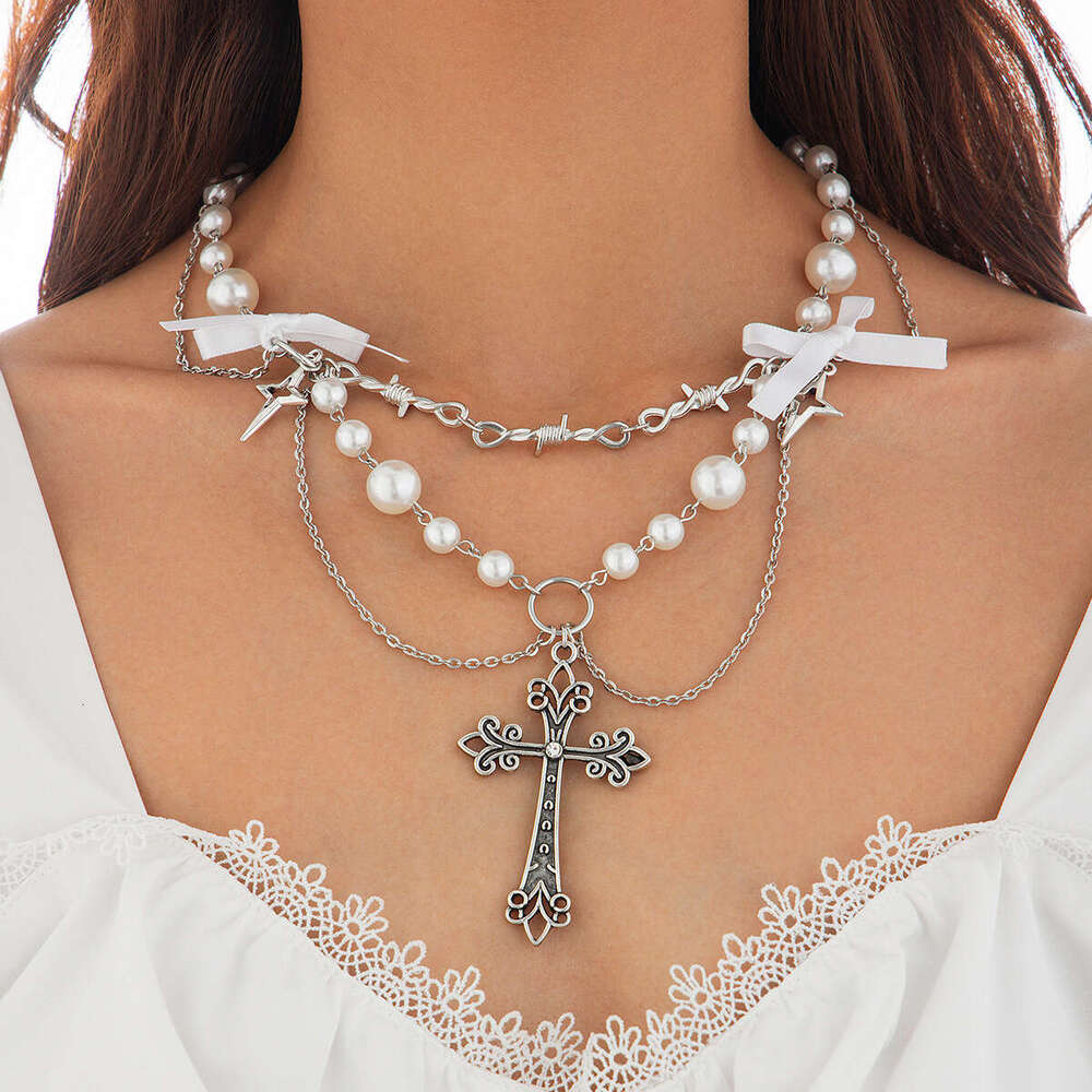 Jewelry Cross Metallic Bow Necklace Small Fresh Alloy Imitation Pearl Clavicle Chain
