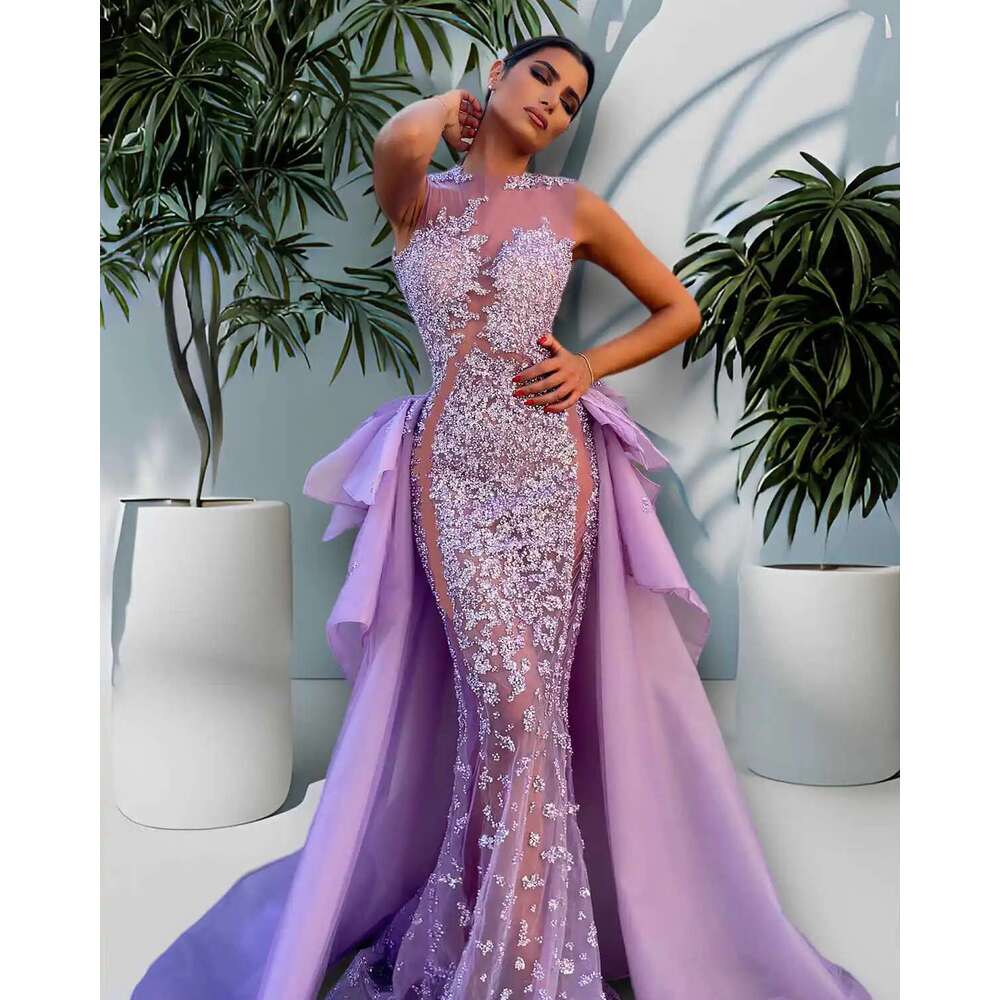 Design Evening Dresses Mermaid Appliques Illusion Sequins Sleeveless Detachable Train Prom Dress Vestido De Noite Customized