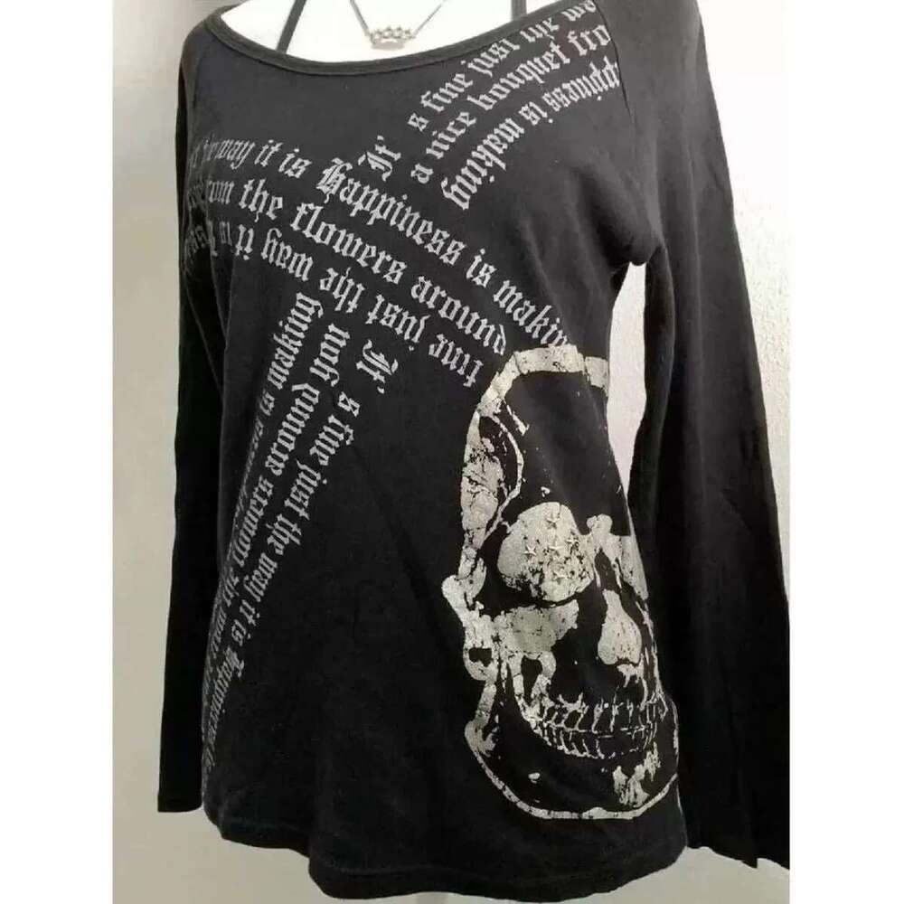 Y2K Emo women's Korean streetwear long sleeved Acubi Fairycore T-shirt skull print T-shirt gothic punk oversized top 2000s Alt clothing