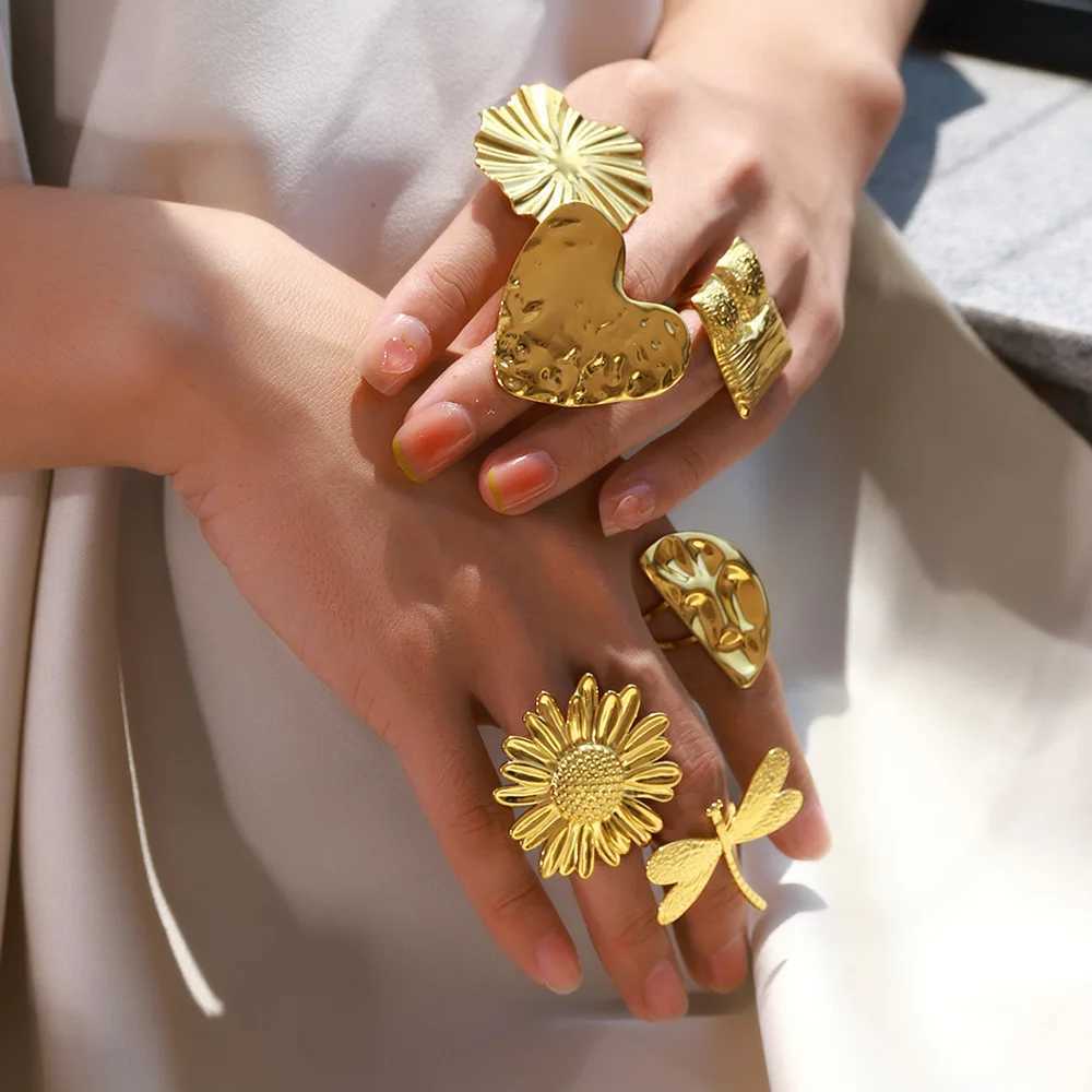 Exaggerated Big Suower Open Ring For Wen Gold Color Stainless Steel Square Ring Bohen Jewelry Wedding Gift X250220