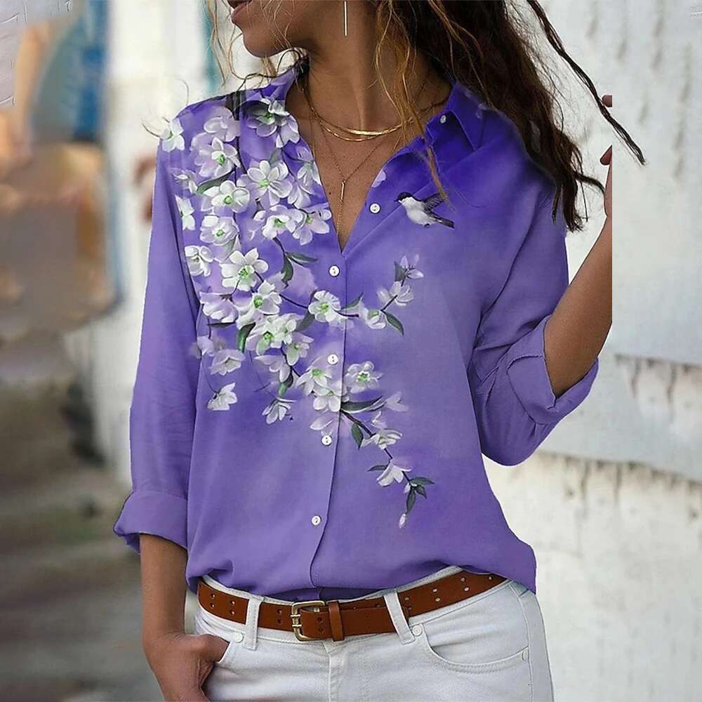 Women's Long Sleeve Shirt Ral & Birds 3D Printed Elegant Basic Tops Summer Button Lapel Shirts And Blouses Female Clothing
