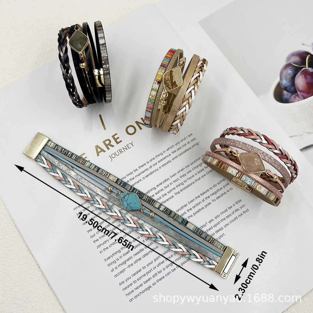 Charm Bracelets Multi layer PU leather natural stone magnetic buckle bracelet Bohemian ethnic style green pine multi row metal bracelet H25220