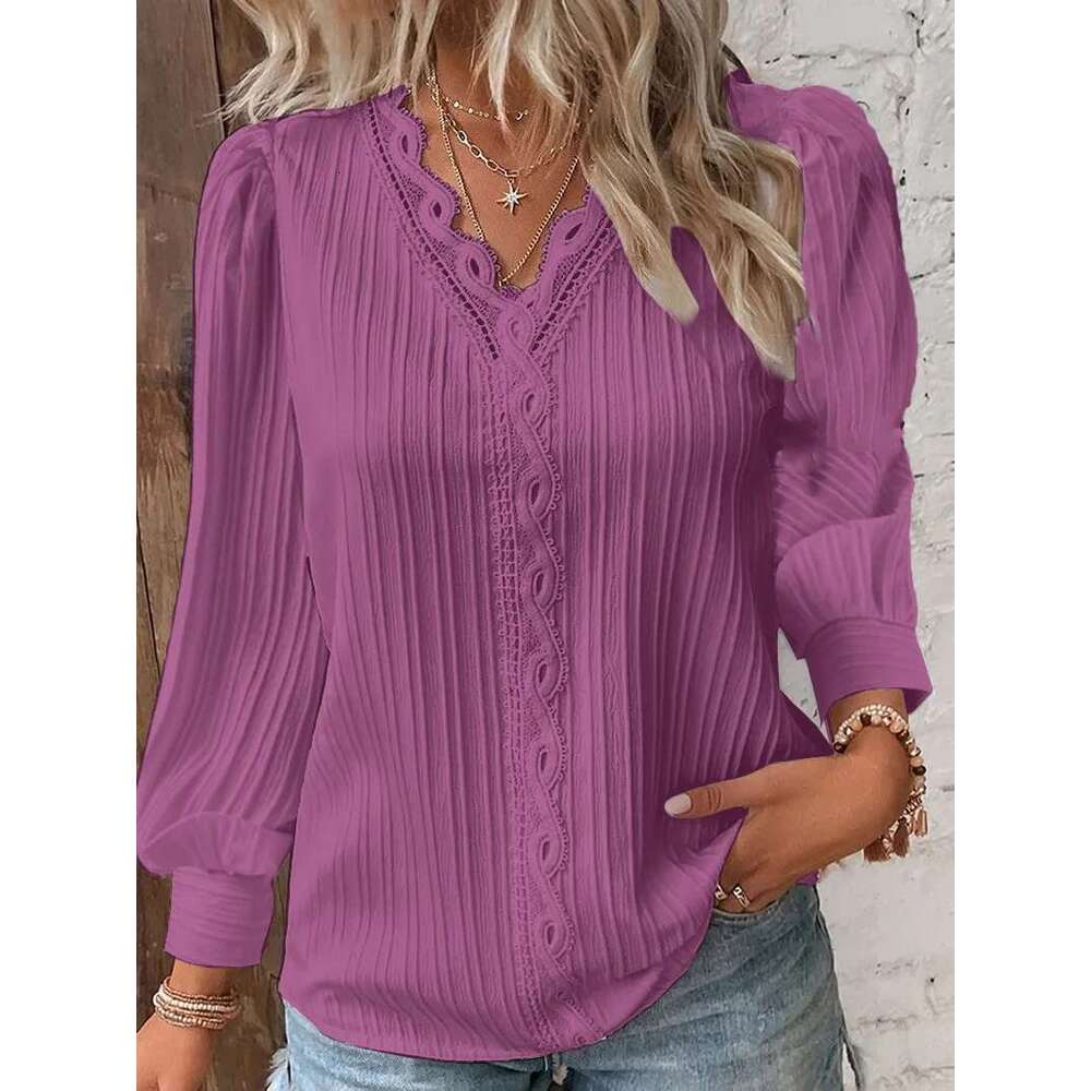 Elegant Summer Hollow Patchwork Women Chic Blouse V Neck Long Sleeve Shirt Plain Lace Casual Basic Regular Tops