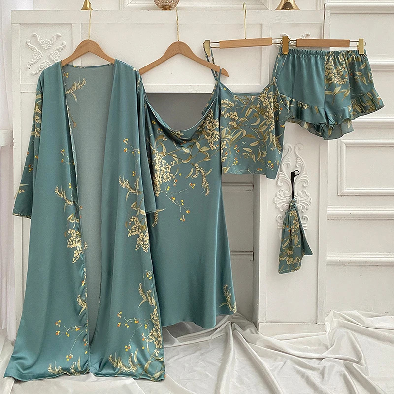 4-piece silk sleepwear womens lace satin sleepwear set V-neck Cami sleepwear home sleepwear spring sleepwear 250219
