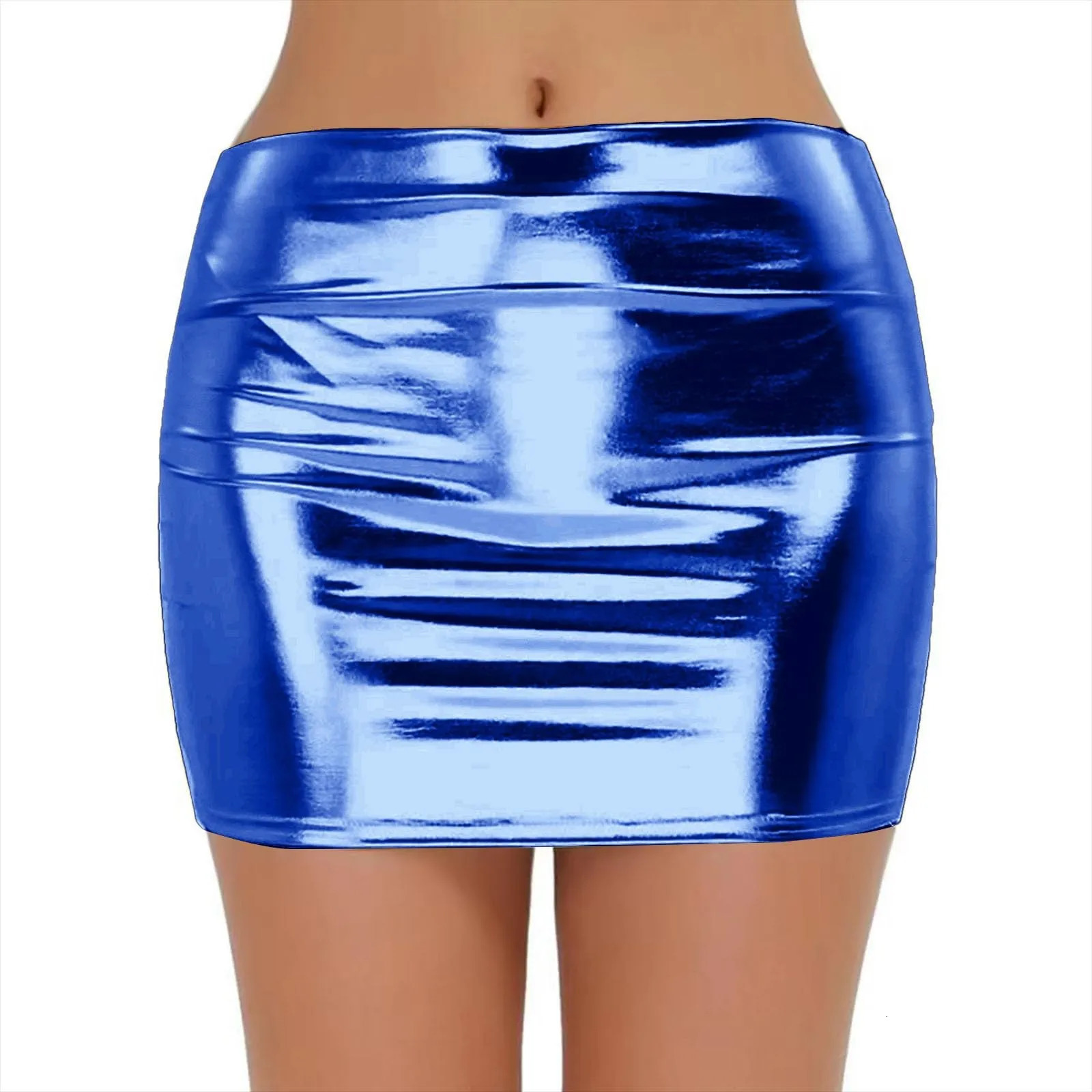 Sexy PU Leather Short Skirts for Women Club Prom Performance Solid High Waist Mini Skirt Gold Red Shine Bright Flada XXL 250220