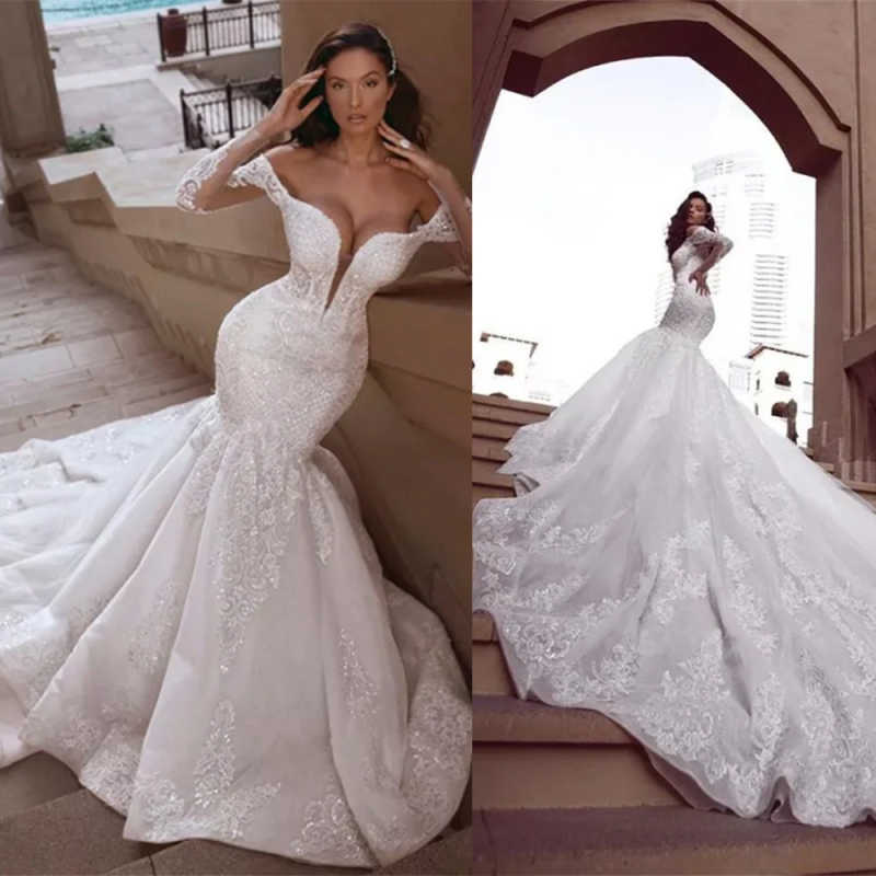 Sexy Mermaid Wedding Dress Appliques Lace Off Shoulder Bride Gowns Ruffles Ruched Sweep Train Bridal Dresses Customized