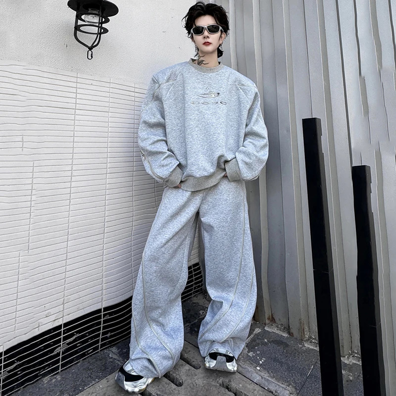 PFNW Mens Two-piece Set Round-neck Long Sleeve Pullover Sweatshirt High Street Wide Leg Pants Zippered Sets 9C4234 250220