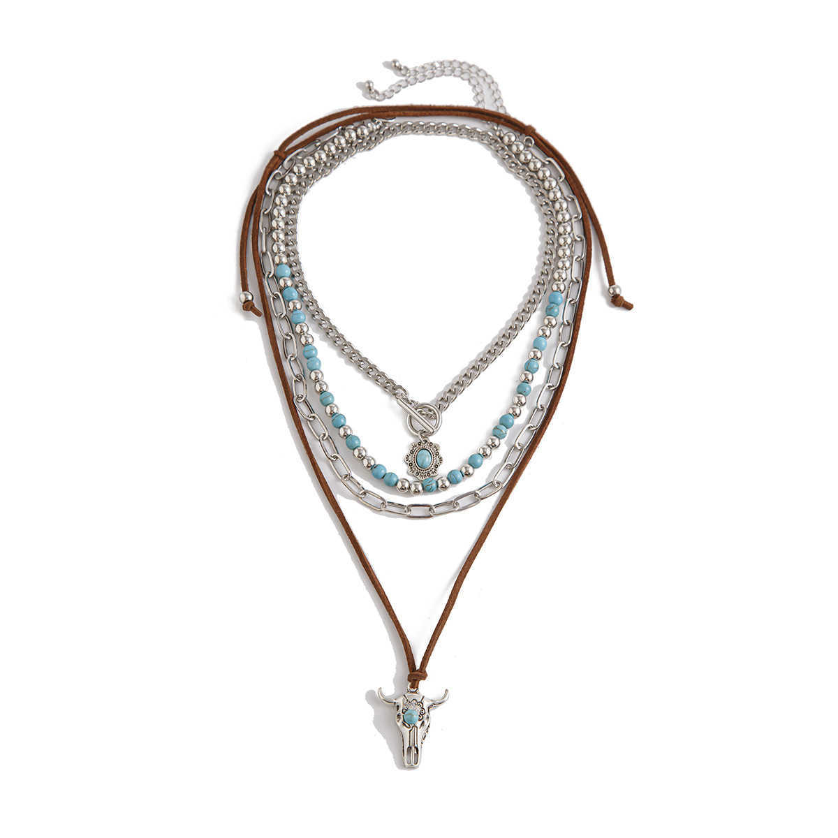 Pendant Necklaces Punk cowboy style cactus bull head collarbone chain Bohemian turquoise bead cross necklace H25219